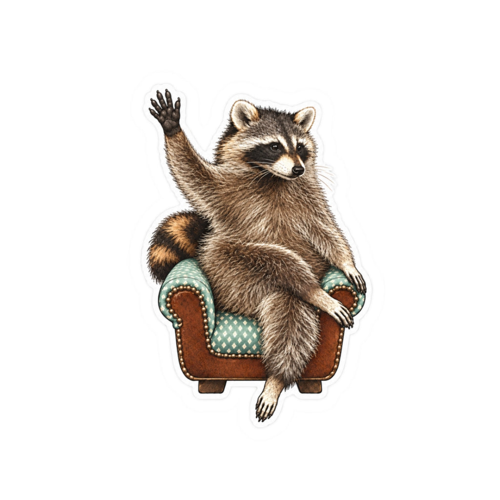 Kiss-cut sticker of Taco the raccoon relaxing in a green armchair with one paw raised.