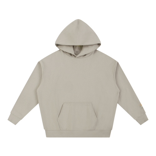 Oat gray heavyweight hoodie shown from the front, with a plain chest, hood, and kangaroo pocket.