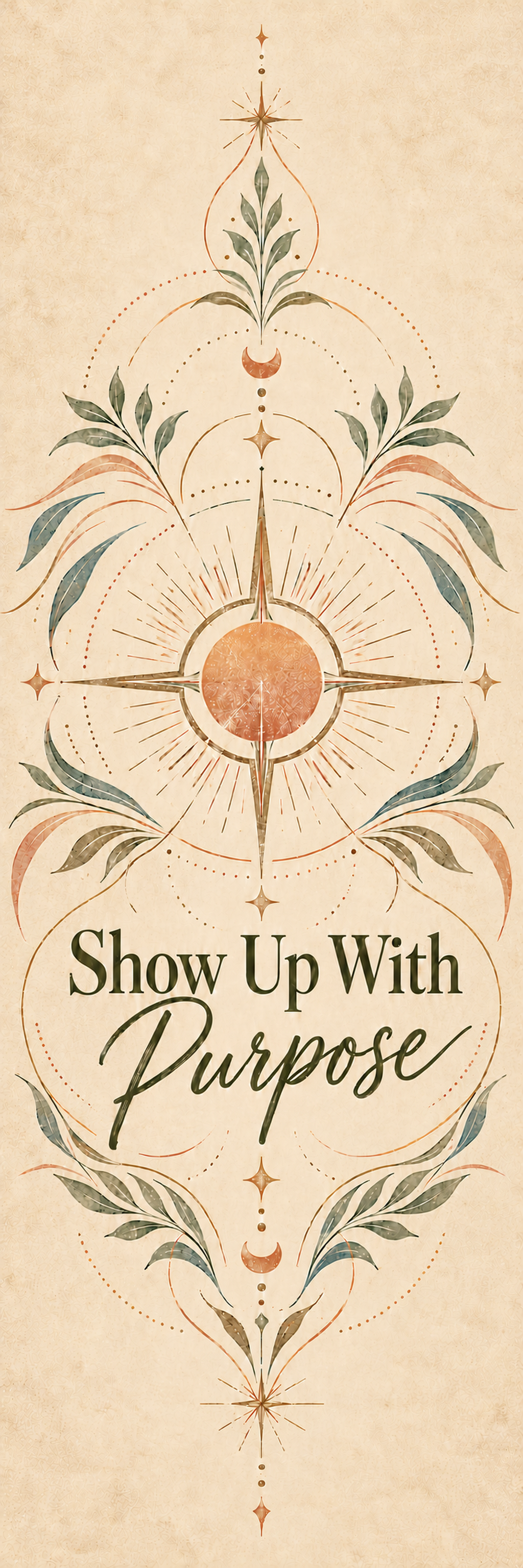 Full-length Show Up With Purpose yoga mat artwork in warm parchment, sage botanicals, and terracotta compass linework