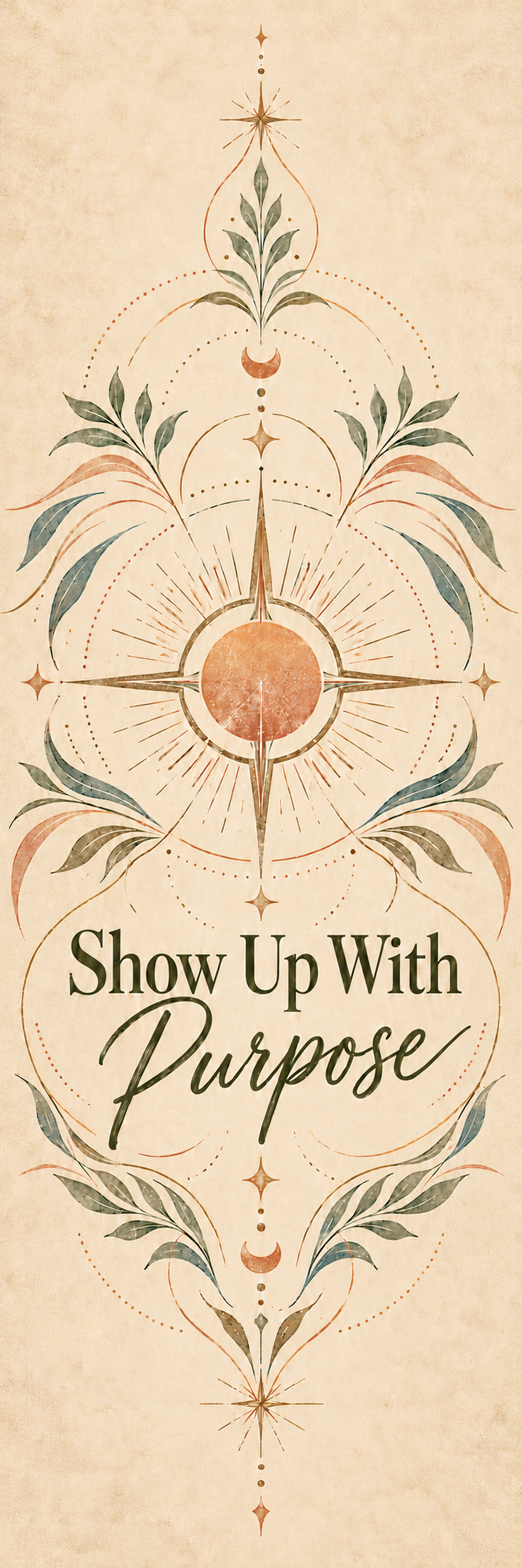 Full-length Show Up With Purpose yoga mat artwork in warm parchment, sage botanicals, and terracotta compass linework