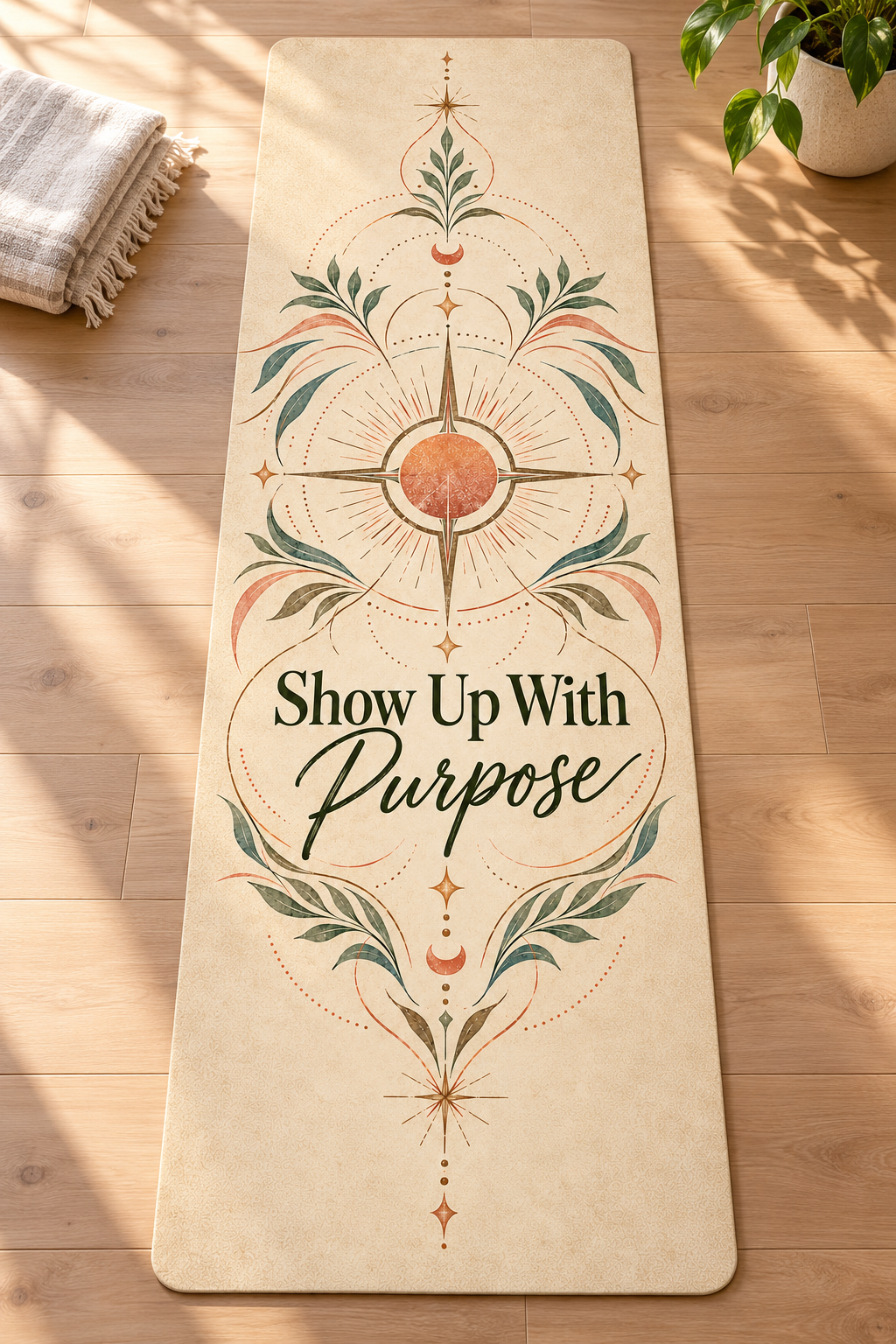Show Up With Purpose foam yoga mat with warm parchment, sage botanical, and terracotta compass print, styled on a wood floor